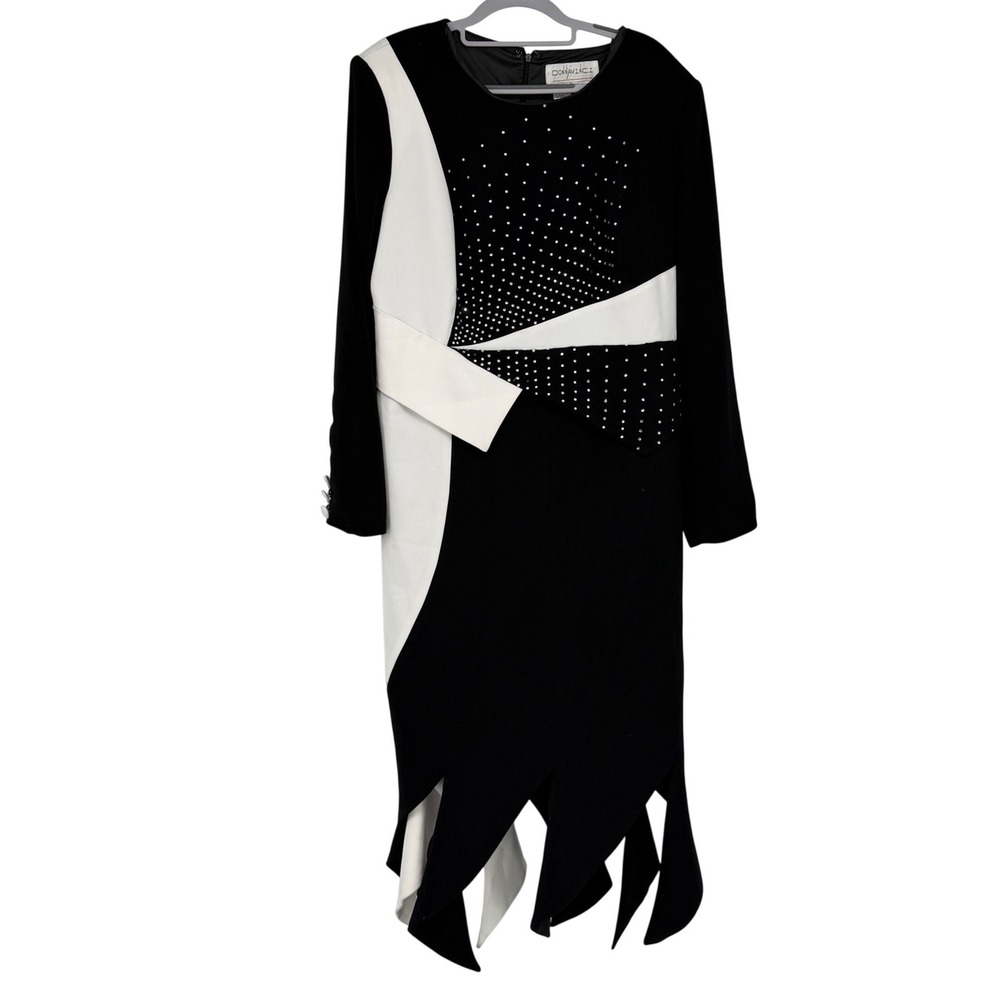 Donnavinci Black White Colorblock Asymmetric Rhinestone Midi Dress 14 Vintage